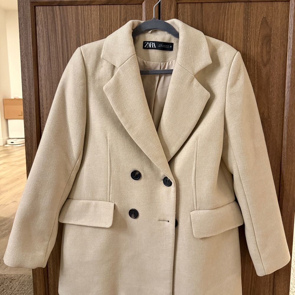 ZARA Double-Breasted Cream Pea Coat